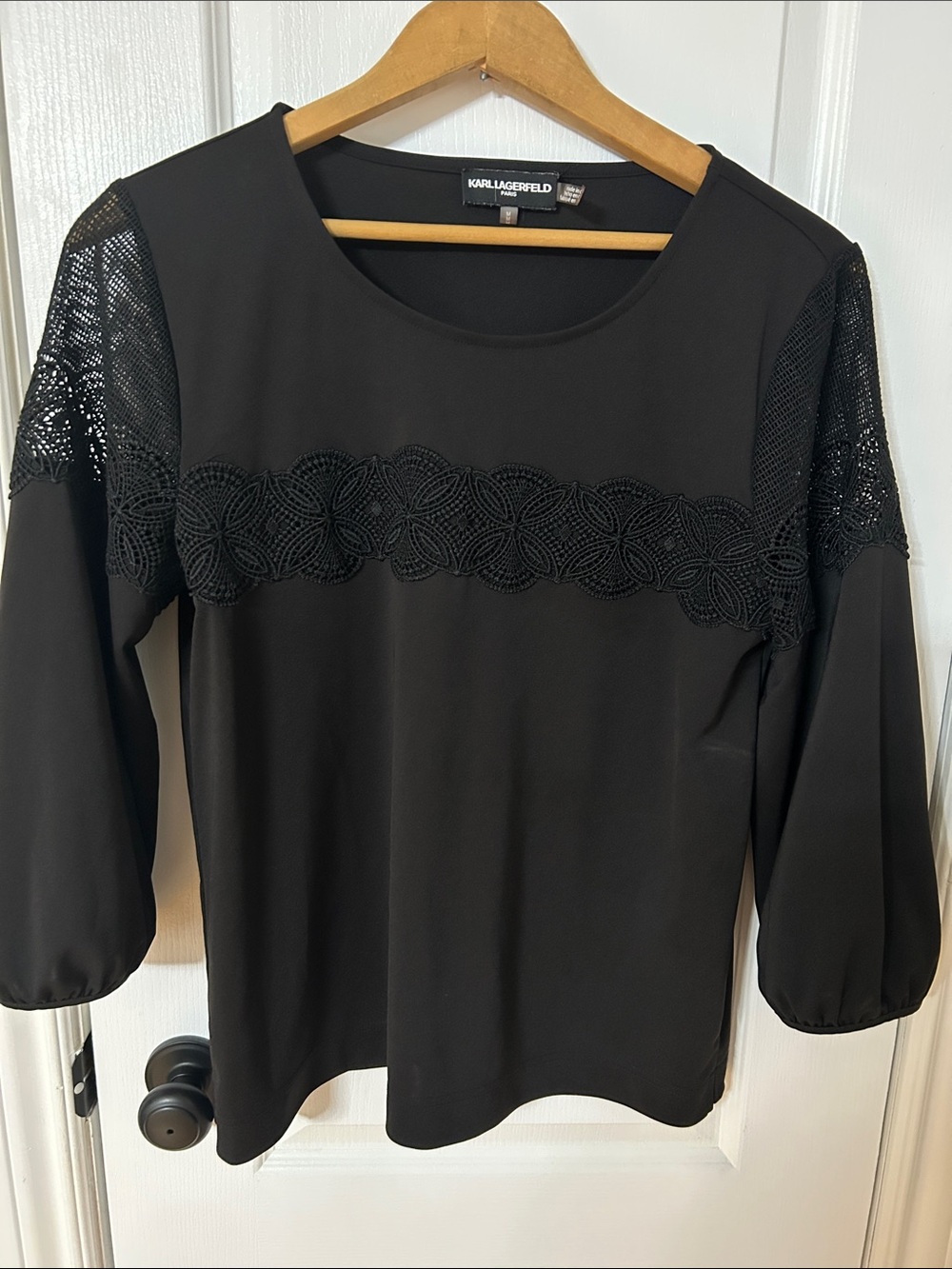 Karl Lagerfeld Black Lace-Inset Long Sleeve Blouse